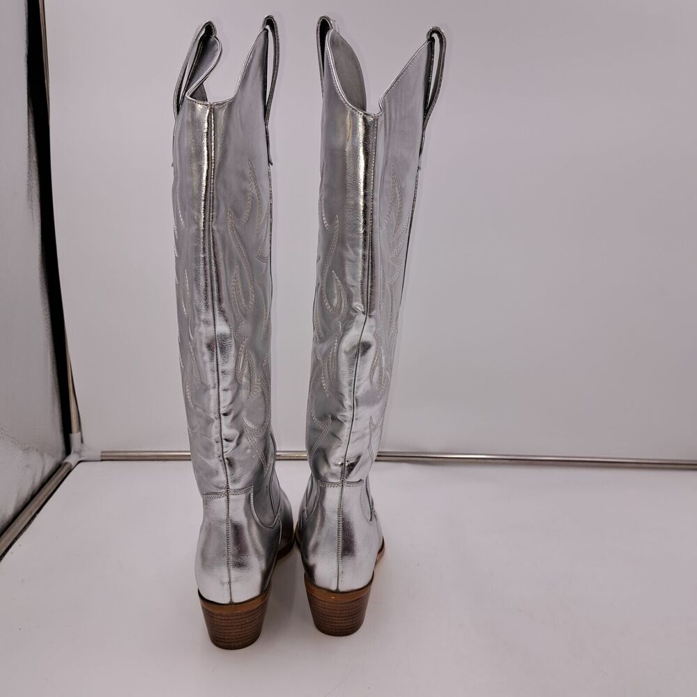 NWOB Oeupiano Knee High Cowboy Rodeo Party Silver Boots Size 9.5 - Picture 6 of 6